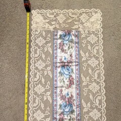 Beige Floral Lace Table Runner Rectangular, Blue Rose Center Panel 16-20 in
