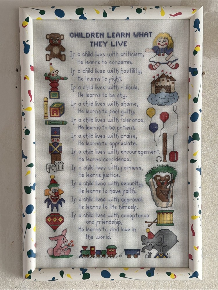 VTG Handmade Cross Stitch Sampler Children Learn What They Live Framed Art Decor