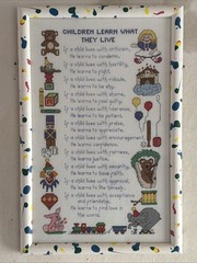 VTG Handmade Cross Stitch Sampler Children Learn What They Live Framed Art Decor