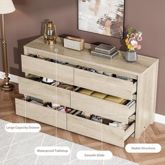 ✅GarveeHome 6 Drawer Dresser for Bedroom, Wide Wood Chest of Drawers Handle Free