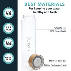 Mayu Pure Glass Reusable Water Bottle W/Bamboo Lid 1 Liter 100 Grade-A
