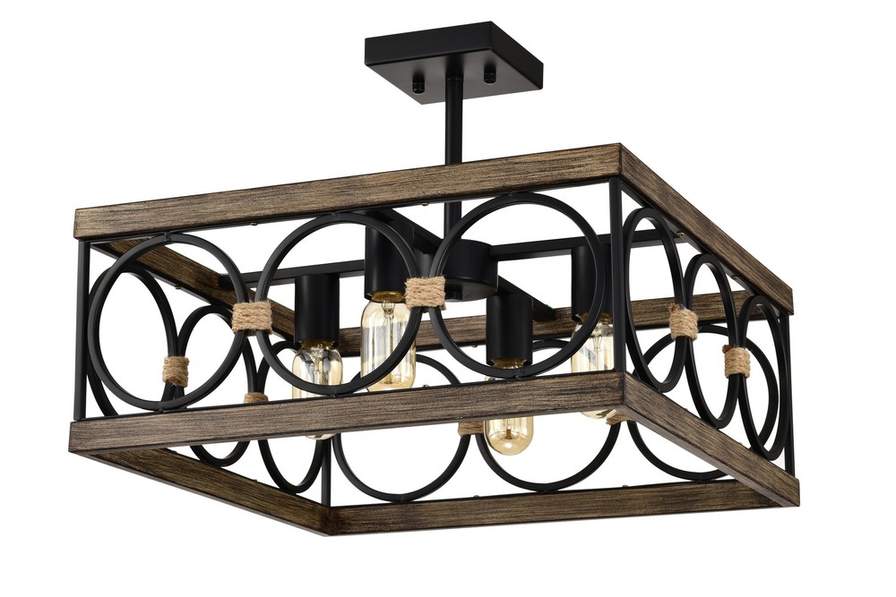 4-Light Square Kitchen Island Light Farmhouse Wood Black Metal Ceiling Fixture