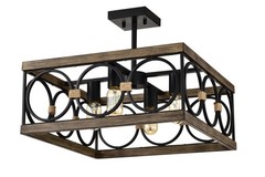 4-Light Square Kitchen Island Light Farmhouse Wood Black Metal Ceiling Fixture