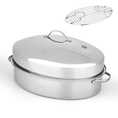 Nutrichef Oval Roasting Pan w/ Polished Rack, Wide Handle & Stainless Steel Lid,