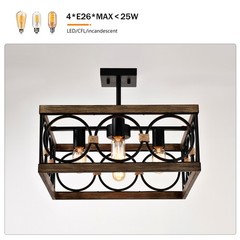 4-Light Square Kitchen Island Light Farmhouse Wood Black Metal Ceiling Fixture