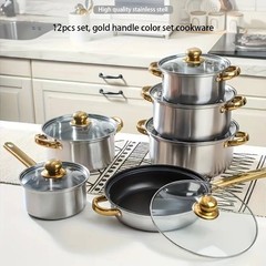12-piece Stainless Steel Cookware Set (6 Pots + 6 Glass Lids) with Gold Handles
