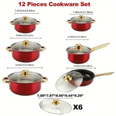 12 Piece Cookware Set Nonstick Pots and Pans Home Kitchen Cooking Non Stick Red