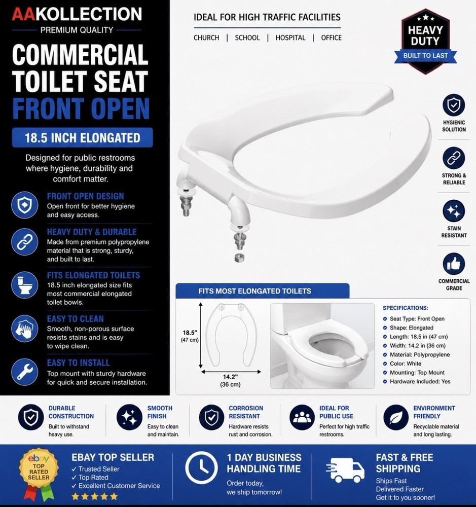 Commercial Toilet Seat Front Open, Toilet Seat Public 18.5 Inch Elongated