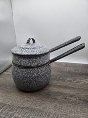 Vintage Enamel Double Boiler Pan Set White w/ Gray~~Farmhouse Decor