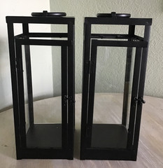Black Metal Lg 15.5in Glass Panels 2 Set Hanging Candle Lanterns Door PRISTINE
