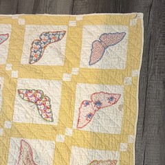 Patchwork Quilt Yellow & White w/ Multicolor Butterfly Squares Coverlet 63” x 73