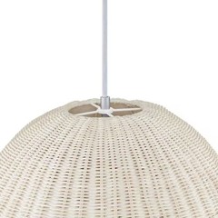 1-Light Silver Pendant Light White Rattan Shade Coastal Hanging Ceiling Fixture