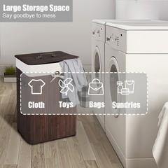 Costway Rectangle Bamboo Hamper Laundry Basket Washing Cloth Bin Lid Brown