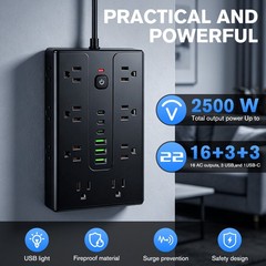 Power Strip Surge Protector with 16 Outlets 3 USB A and 3 USB C Ports Flat Plug