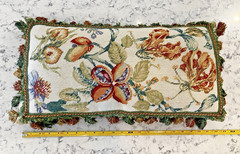 Vintage Handmade Wool Needlepoint Pillow Flowers Tassel Fringe Velvet 21″ x 11″