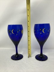 2 Libbey Cobalt Blue Celestial Sun Moon Stars Wine Water Glass Goblet Glass 7.5”