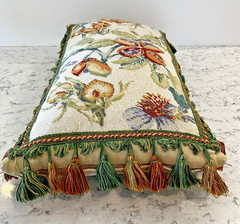 Vintage Handmade Wool Needlepoint Pillow Flowers Tassel Fringe Velvet 21″ x 11″