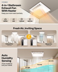 160 CFM Bathroom Exhaust Fan with LED Light, 1800W PTC Heater & Humidity Sensor