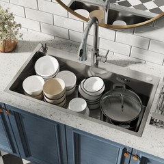 Silver Stainless Steel Kitchen Sink Drop In Top Mount Single Bowl Basin W/Faucet