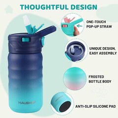 HAUSHOF Kids Water Bottle 2-Pack (12 oz)Stainless Steel BPA-free Leakproof