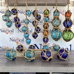 Glass Fishing Floats On Jute Rope – Red, Blue, Aqua, Green – Nautical Wall Decor