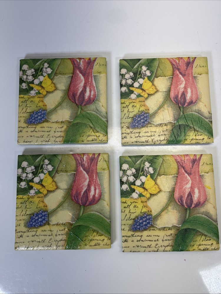 Set of 4 Ceramic Solid Coasters Flowers and Butterfly Fun Suare 4.25in