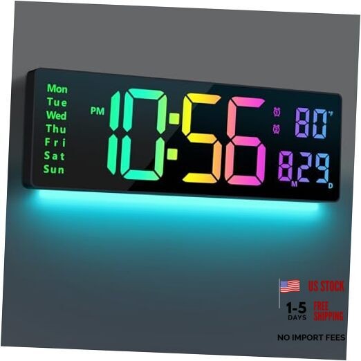 Digital Wall Clock Large Display 16″, Digital Clock with 11 RGB Multicolor