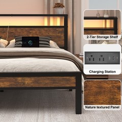 Full/Queen/King Metal Bed Frame with Storage Headboard and Charging Station