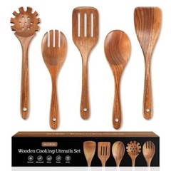 5 PCS Wooden Spoons for Cooking Natural Teak Kitchen Utensils Smooth Non-Stick
