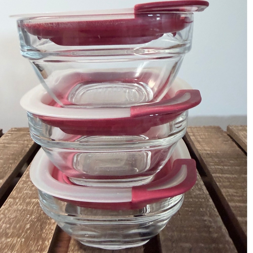 Rubbermaid Glass Easy Find Lid 1 Cup Containers w/ Red Lids Set Of 3 7N68 236ml