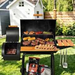 Royal Gourmet Charcoal Grill with Offset Smoker,Side Table and Front Table,Black