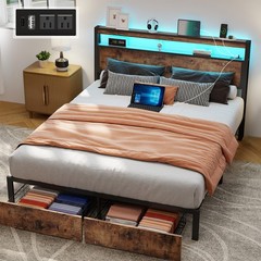 Queen Full Size Bed Frame with Storage Headboard &Charging Station＆ LED Lights