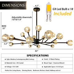 18-Light Modern Crystal Chandelier LED Sputnik Pendant Fixture Ceiling Lighting