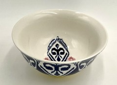 Anthropologie Footed Cereal Rice Bowl Ikat Design Blue White Yellow Pink 6.25 in