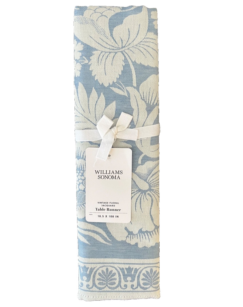 WILLIAMS-SONOMA Vintage Floral LIGHT BLUE Jacquard Table Runner 18.5 x 108″ NWT
