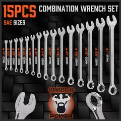15PC Combination Spanner Wrench Ring Open Ended 1/4″ – 1″ SAE 12 Point “V” Notch