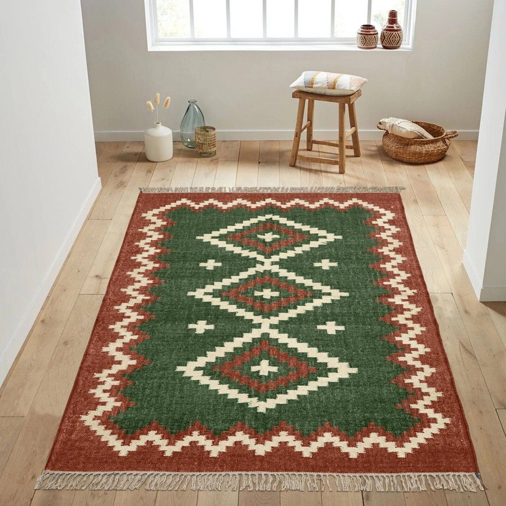 Tribal Jute Wool Kilim Rug Living Room Reversible Colorful Handmade Area Rug Mat