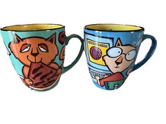 2000 House Kats by Nolan Set of 2 Ceramic Cat Coffee Mugs w/ Handle Multicolor