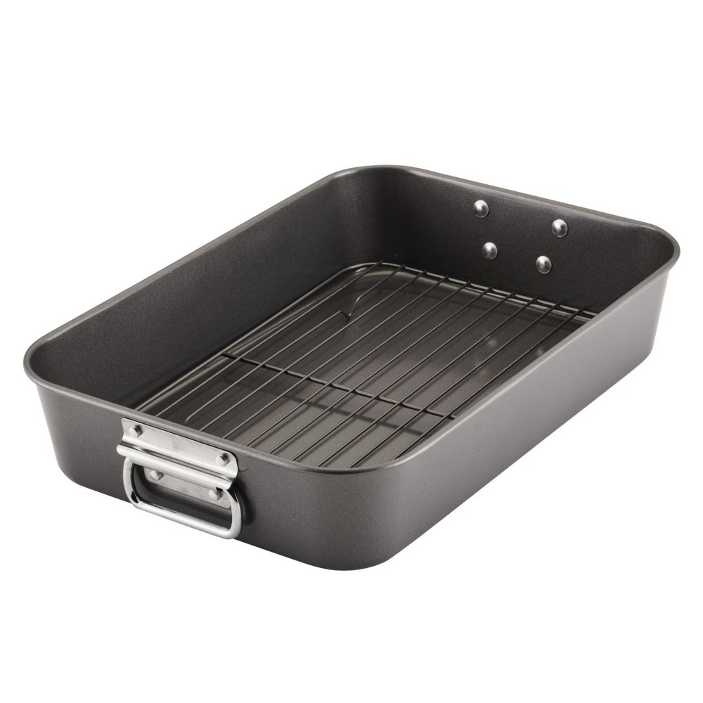 Farberware Bakeware Roasting Pan 10.5×15 Gray Non-Stick with Flat Removable Rack
