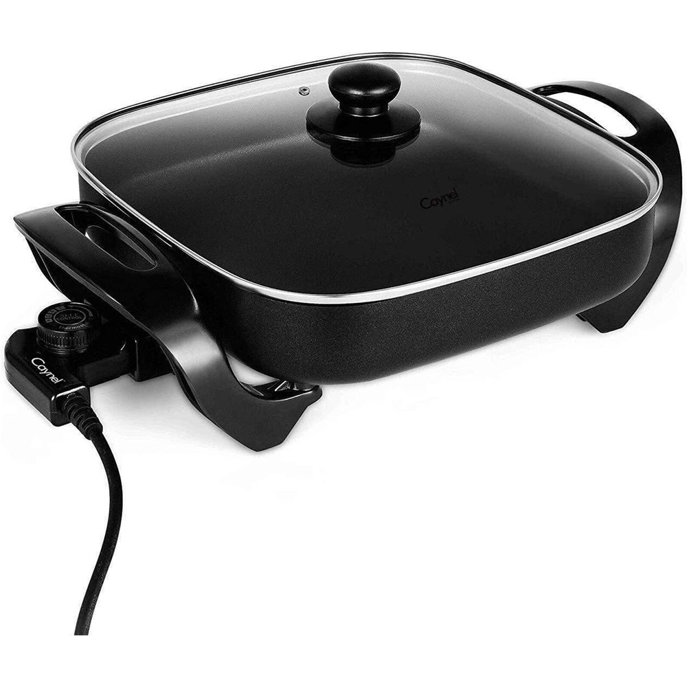 Black 12” Electric Skillet Glass Cover Home Kitchen Cooking Non Stick Fry Cook