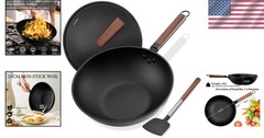 Carbon Steel Wok 13 Inch Nonstick Pre-Seasoned Flat Bottom Stir Fry Pan