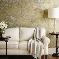 Gold foil metallic gray Chinoiserie blooming peonies branches cranes wallpaper