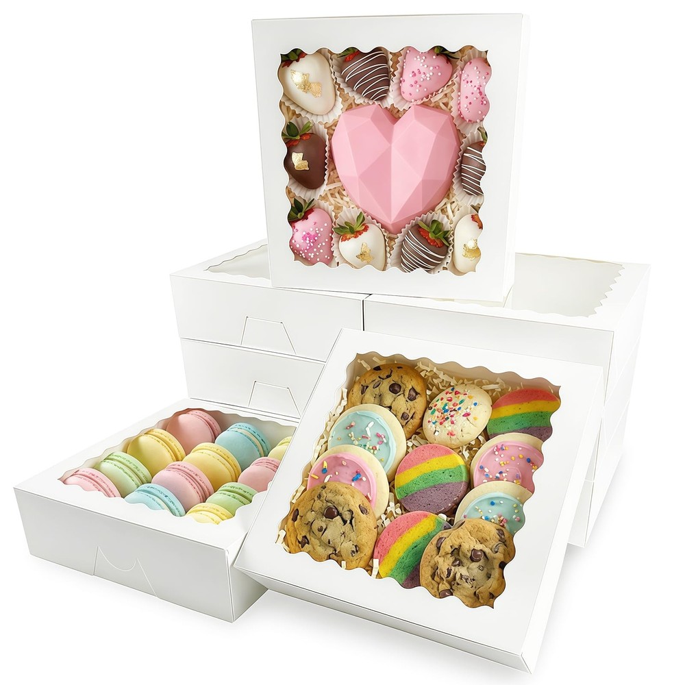 30 Pack White Pie Bakery Boxes with Window, 8 x 8 x 2.5 Inches Auto-Popup Coo…