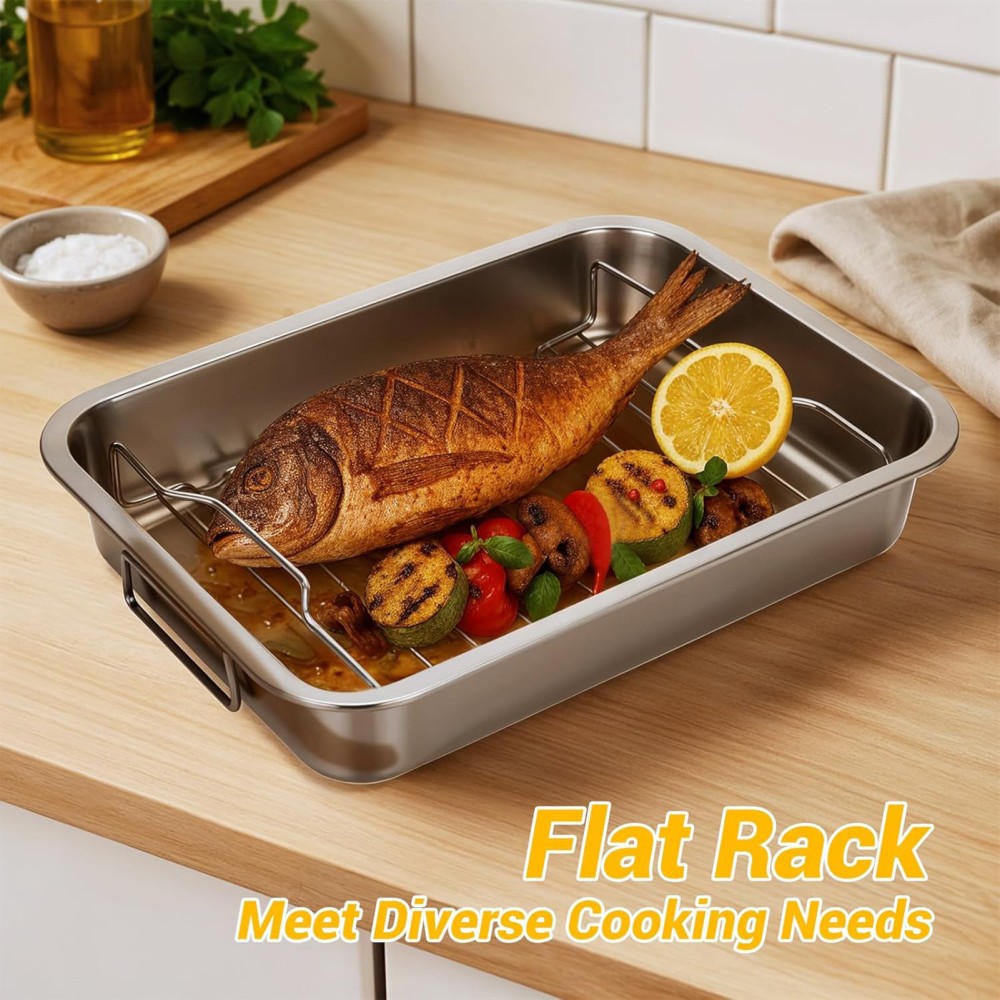16″ Roasting Pan with Rack & Handle Stainless Steel Turkey Baking Roasting Tray