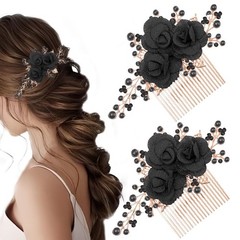 2 PCS Flower Hair Comb Black Bridal Wedding 3.74in/9.5cm*6.02in/15.3cm,