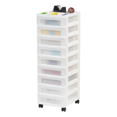 NEW IRIS 9-Drawer Narrow Plastic Storage Drawer Cart with Organizer Top, White