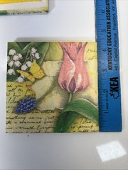 Set of 4 Ceramic Solid Coasters Flowers and Butterfly Fun Suare 4.25in