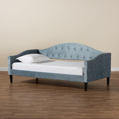 Light Blue Velvet Twin Daybed with Dark Brown Wood Finish