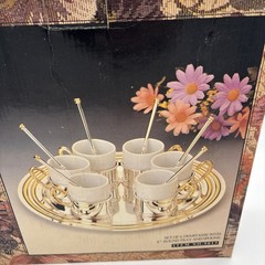 Vintage Davco Silver Gold Espresso Cups Demitasse w/11″ Round Tray And Spoons