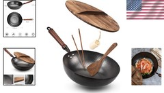 Wok Pan 125 Inch Carbon Steel Flat Bottom Stir Fry Pan with Lid for All Stoves